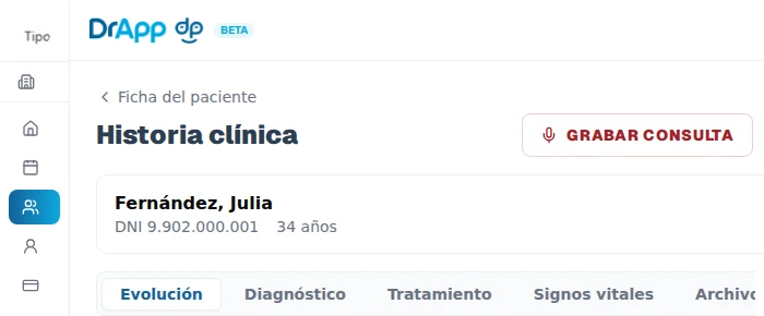 Botón "Grabar consulta" en la historia clínica de DrApp