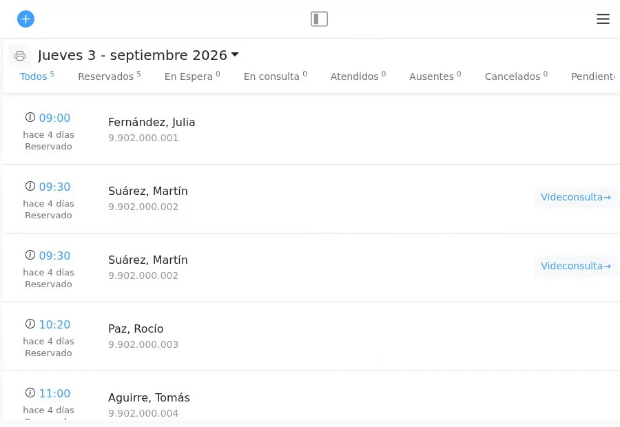 Recorrido en video por DrApp: agenda del día, detalle de un turno y resumen de historia clínica con IA