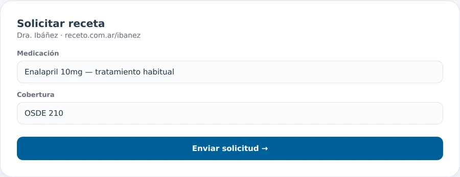 Formulario de solicitud de receta en Receto con medicación y cobertura del paciente
