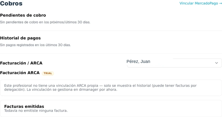 Panel real de Cobros en DrApp: pendientes de cobro, historial de pagos y facturación ARCA