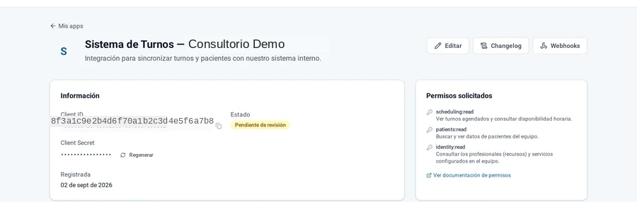 Panel real del Developer Portal de DrApp con Client ID, Client Secret y los permisos de una app