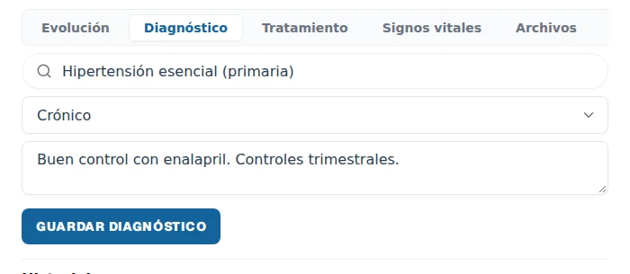 Diagnóstico crónico real cargado en DrApp, con notas de seguimiento del profesional