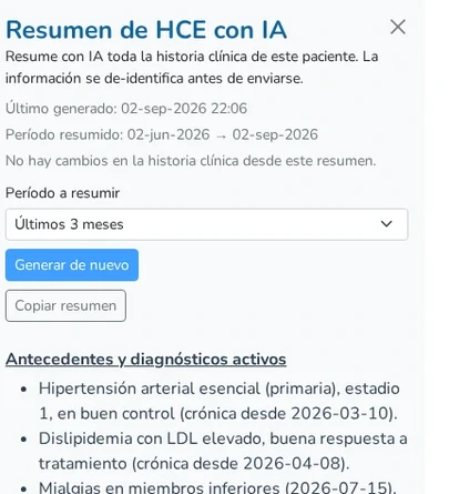 Resumen de historia clínica generado por la IA de DrApp, con antecedentes y diagnósticos activos