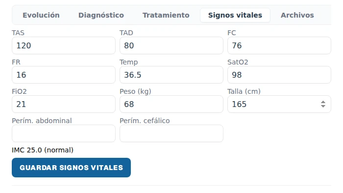 Carga de signos vitales en la historia clínica de DrApp
